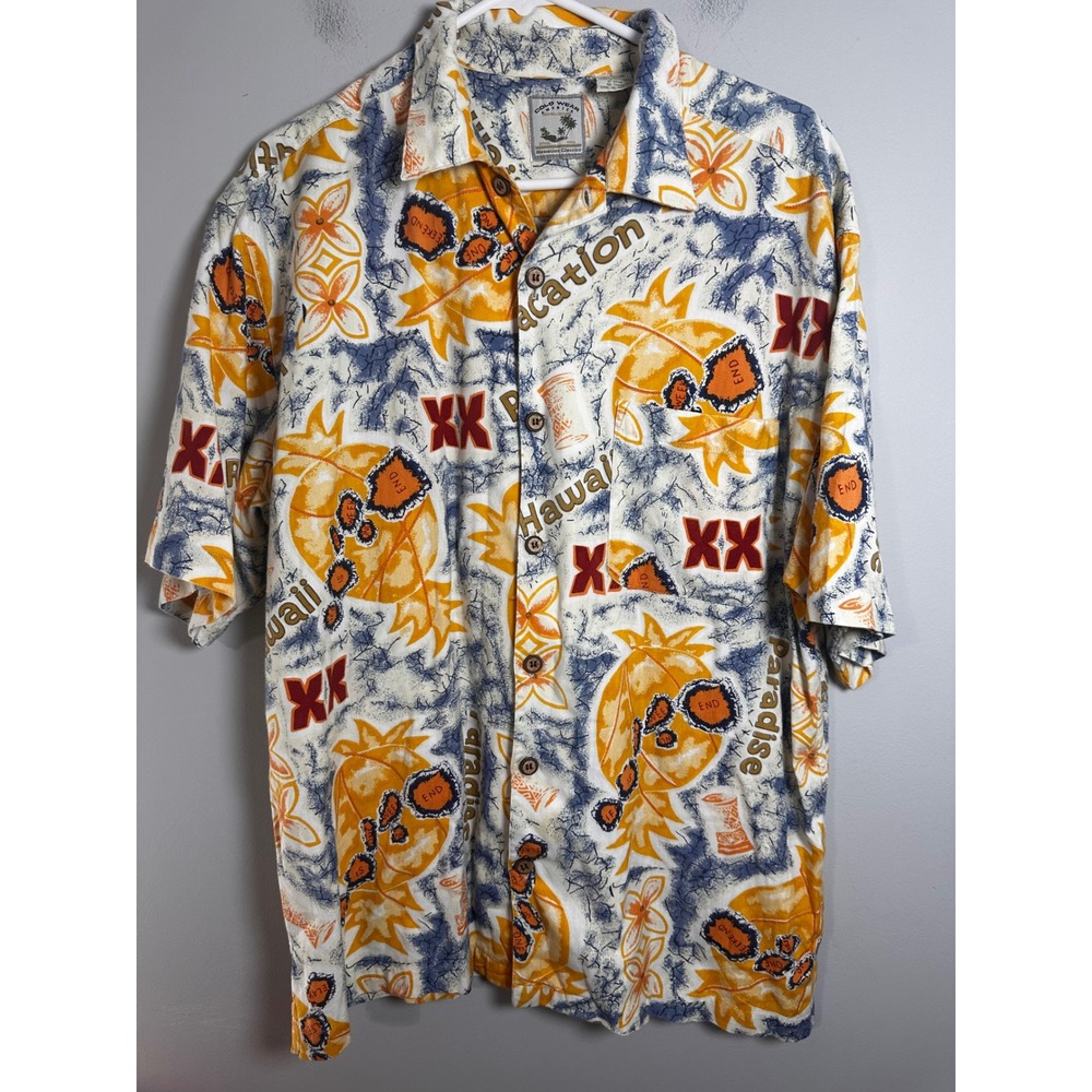 Cold Wear America‎ Mens Hawaiian Shirt Large Orange Blue Tropical Vacation Rayon